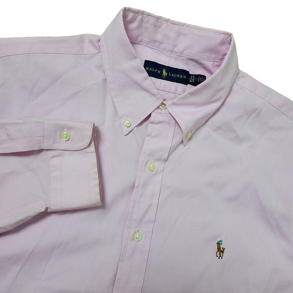 Ralph Lauren Mens 17-43 Solid Pink Flesh Pony Button Down Long Sleeve